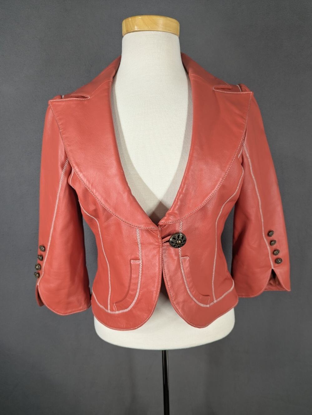 Wilsons Leather Jacket Womens Small Coral Contrast Stitch Crop